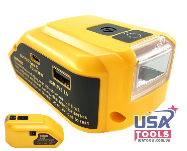 Адаптер для DeWALT 18/20В Led 200 lm + USB-C 18W + USB-A 2.1A + 12V